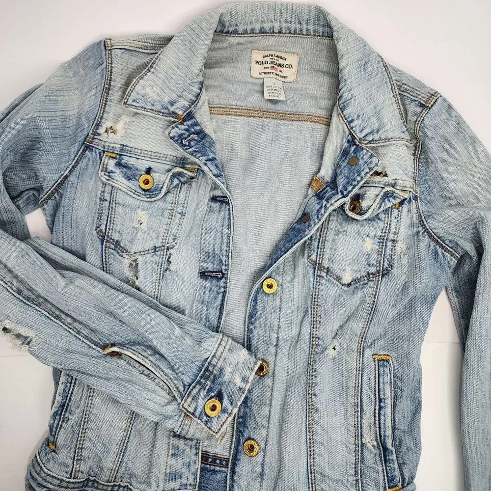Ralph Lauren Polo Jean Jacket Women's Small Distressed Grunge Denim Blue - Picture 3 of 6